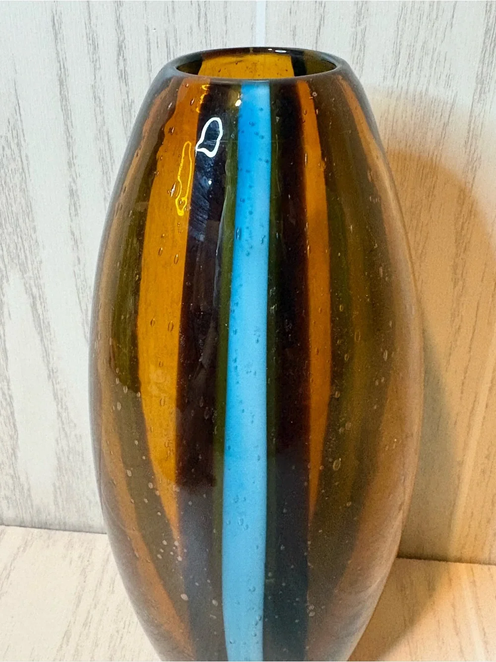 Pier 1 Amber Glass Vase with Blue Stripe Bubble Glass